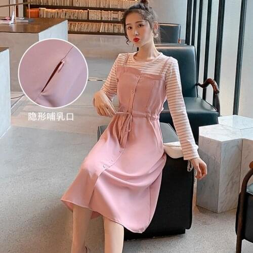 2021 Spring Korean Fashion Maternity Nursing Dress Slim Sweet Lovely Patchwork Breast Feeding Clothes for Pregnant Women