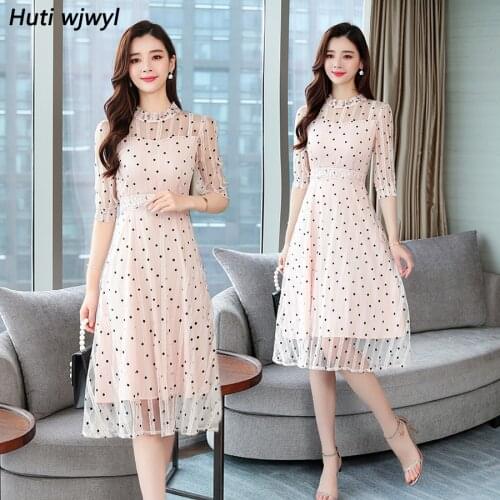 2021 Femal Vintage Elegant Pink Dot Chiffon Midi Dresses Summer Plus Size Mesh Sexy Beach Sundress Women Bodycon Party Vestidos