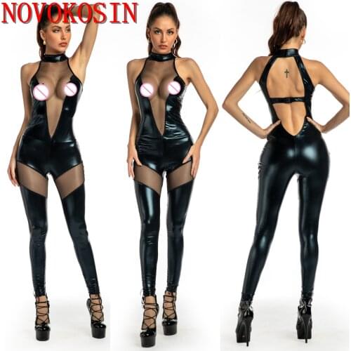2021 M-XL Sexy Plus Size Erotic Stretch Bodysuit Women Jumpsuit Faux Leather Front Tulle Net Backless Halter DS Game Unfirm