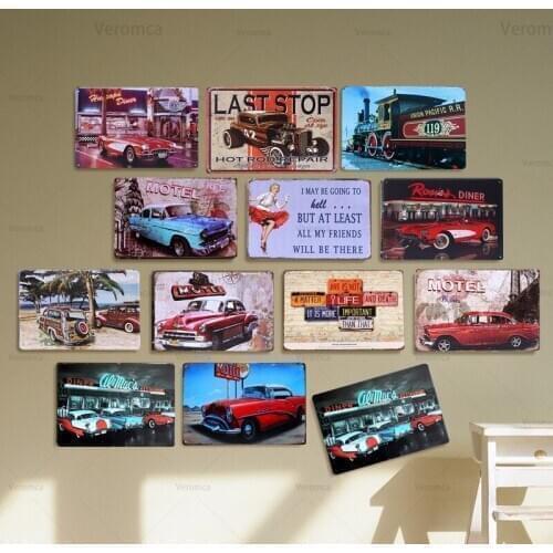 Diner Restaueant Red Car Motel Retro Metal Art Poster Vintage Tin Sign Iron Painting Bar Pub Club Home Wall Decor