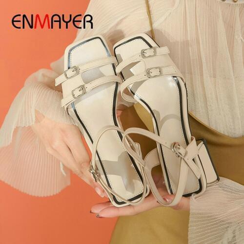 ENMAYER Basic Party Buckle Strap Genuine Leather Womens Shoes Fashion Solid Buckle Women Sandals Square High Heel Sandals
