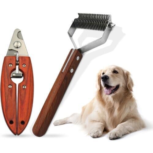 Pet Comb Nail Clippers Dog Grooming Wooden Handle Open Knot Comb Hair Removal Brush Float Nail Scissors For Dogs Cats