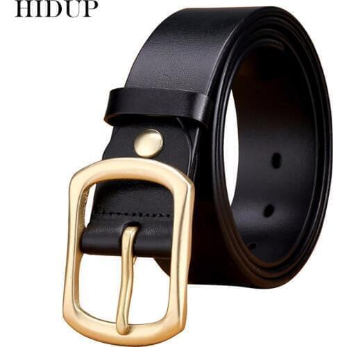 HIDUP Mens Casual Style Jean Accessories Quality Design Cow Skin Cow Genuine Leather Belt Brass Pin Buckle Metal Belts NWJ619