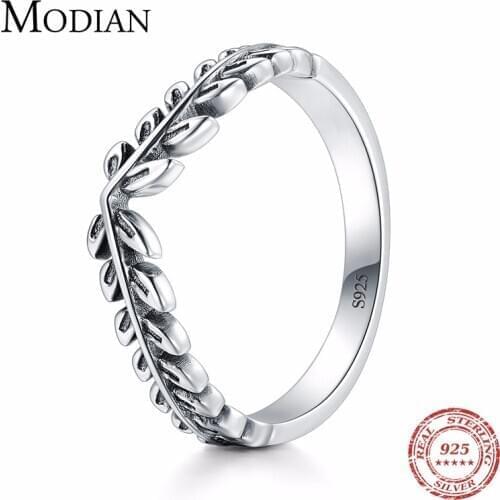 Modian 100% Genuine 925 Sterling Silver Classic Stackable Vintage Lucky Tree Leaf Finger Ring For Women Anniversary Jewelry Gift
