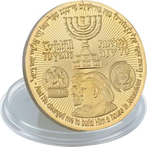 Collectible Gold Coins Crafts US Donald Trump Gold Plated Coin Jewish Temple Jerusalem Israel Commemorative With Coin Case 40mm