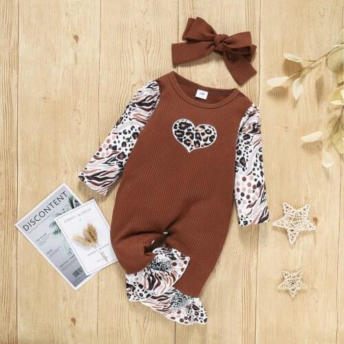 2pcs Baby Girls Boys Outfit Fashion Leopard Heart Print Splicing Long Sleeve Round Collar Romper Jumpsuit + Headwear Set