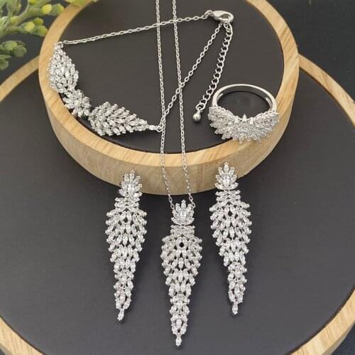 Lanyika Fashion Jewelry Set Luxury Palm Leaf Zirconia Pave Necklace with Earrings, Bracelet and Ring for Woman Banquet Gifts
