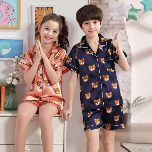 Summer Autumn Boys Girls Ice silk satin Cartoon printing Tops Pants Set home Childrens pajamas suit baby suit SILK PAJAMA suit