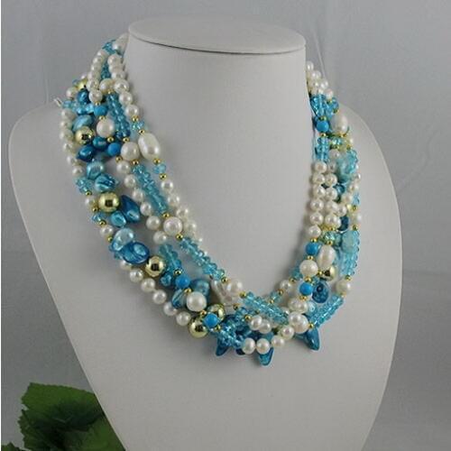 Unique Pearls jewellery Store,5rows Blue Crystal Real Freshwater Pearl Necklace,Charming Women Gift Jewelry