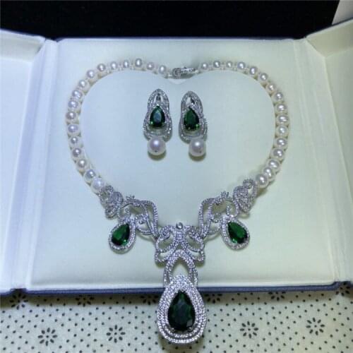 Micro inlay green zircon clasp accessory Luxury freshwater pearl earrings necklace set fashion jewelry