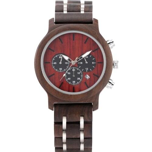 3 Eyes With Calendar Wooden Watch Mens Automatic Mechanical Watches Minimalist Dial Wood Stainless Steel Band Fold Buckle Clock