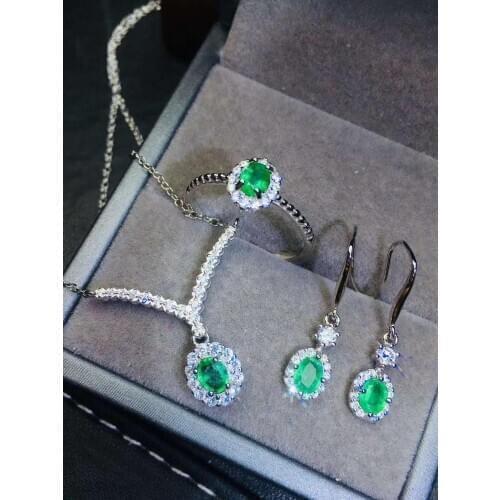Real Natural Emerald jewelry set Natural Real Emerald 925 sterling silver 1pc pendant,1pc ring,2pcs Earring