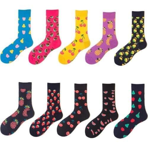 Middle Tube Socks Fruit Printed Cotton Blend Stretch Breathable Machine Washable Travel Hosiery Footwear Lovers Couple Decor