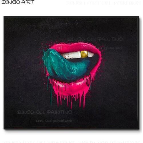 Gifted Artist Hand-painted High Quality Abstract Modern Sexy Lips and Green Tongue Oil Painting on Canvas Green Tongue Picture