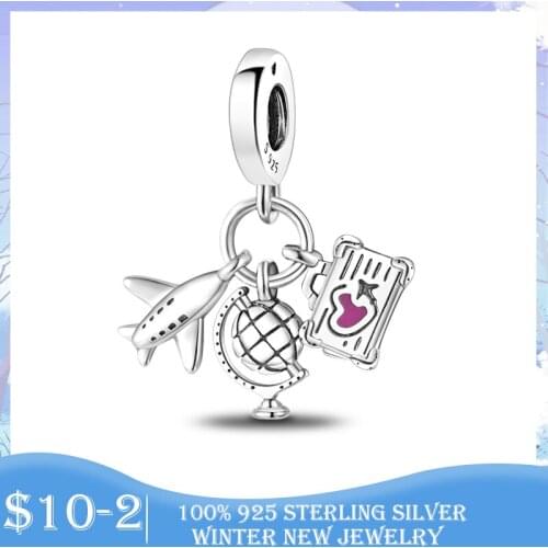 Travel Beads 925 Sterling Silver Airplane Globe Luggage Charm Fit Original Bracelet DIY Jewelry Making Fashion Gift Fine Jewelry