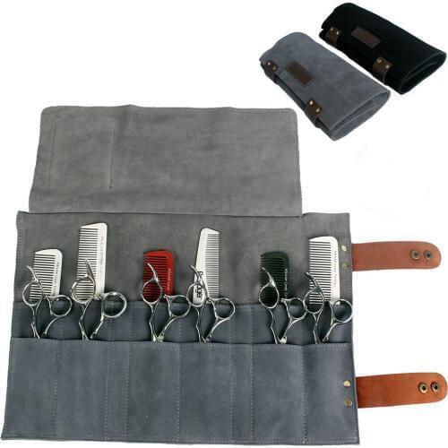 Real Leather Hair Stylist Professional Barber Scissor Pouch Cases Salon Hairdresser Scissors Tool Holster Folding Bag 12 Pockets