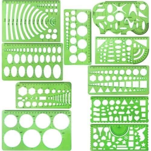 PPYY-10 Pcs Green Plastic Drawings Templates Measuring Templates Geometric Rulers for School and Office Supplies