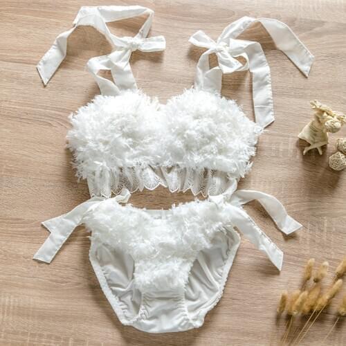 Fluffy Winter Feather Bra & Panties Set Wirefree Soft Underwear Sleep Intimates Set Kawaii Lolita Fairy Kei