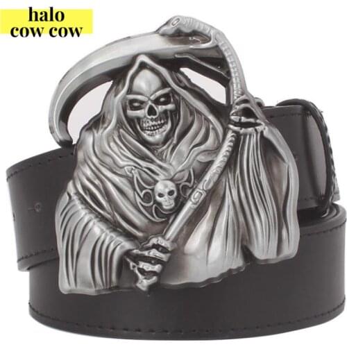 Skull Head Buckle Belt Men Leather Wizard Grim Reaper Skulls Buckle Belts Mens Sickle Novelty Punk Waist Straps Belt Black Brown