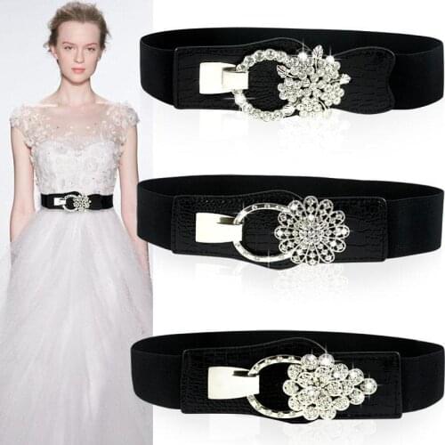 Fashion Belts for Women Rhinestone Metal Buckle Stretch Belt Black Elastic Wide Belt Ladies PU Waistband Cummerbund