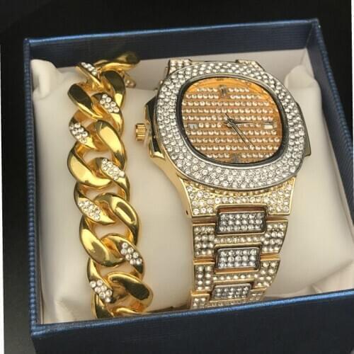 Luxury Gold Hip Hop Jewelry Stylish Watch Necklace Combo Set Men Ice Out Cuban Pendant Men Rock Chain Necklace Hip Hop For Men