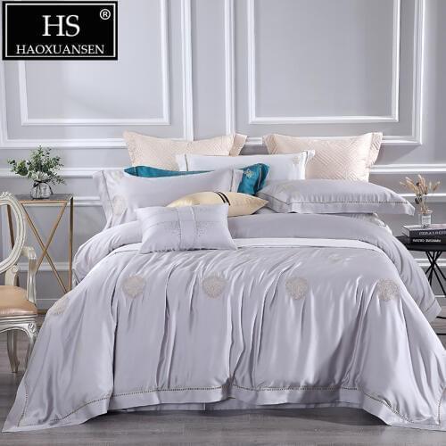 Luxury Tencel 4 Piece Bedding Sets Silky Soft and Naturally Pure Color Fabric Grey Tencel Lyocell Sheets Set Queen King Size
