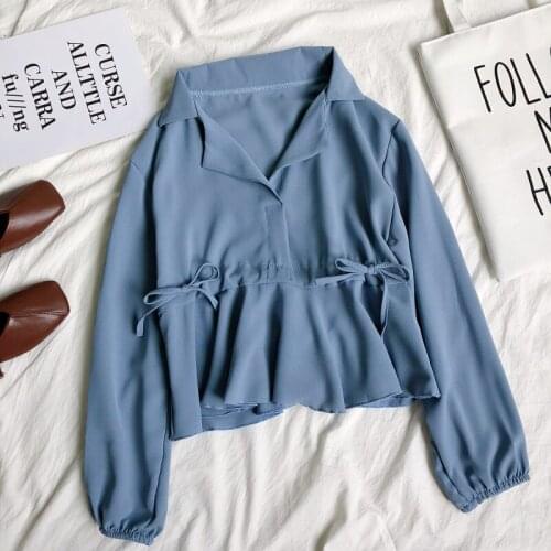Women Spring Summer Turn-down Collar Basic Bow Shirt Elegant Solid Lace Up Bandage Slim High Waist Short Pullover Blouse Tops