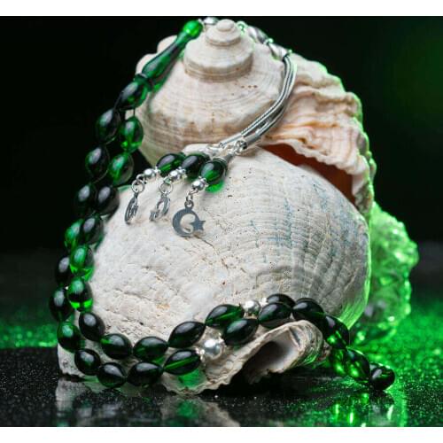 Silver Green Wavy Amber Gemstone Prayer Rosary Men Barley Cut Rosary With Silver Tassel Turkish Tasbih With Moon Star Tassel