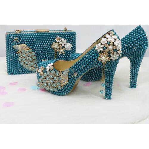 BaoYaFang Teal Blue Pearl wedding shoes with matching bags bride High heels platform shoes Round Toe green blue Shoe and Bag Set