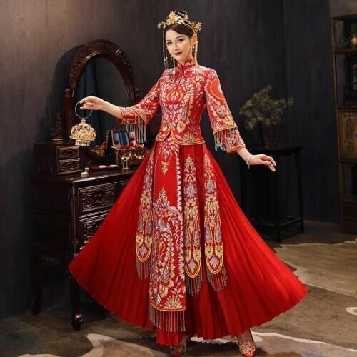 Chinese Traditional High-quality Embroidery Phoenix Lady Wedding Dress Suit Satin Vintage Cheongsam Classic китайское платье