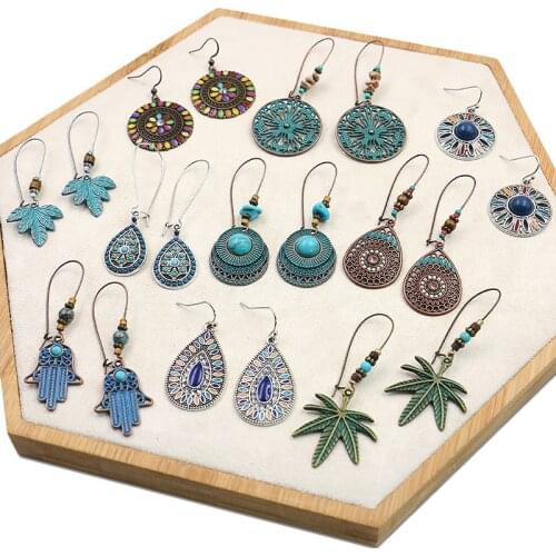 Vintage Drop Earrings Fashion Leaves inlaid with colored diamonds Accessories Antique Copper Bronze for Europe and America