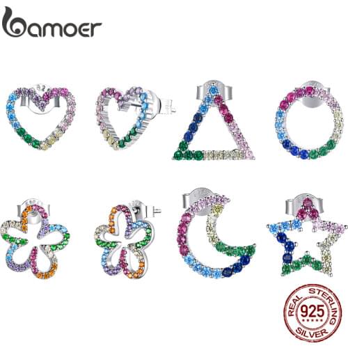 BAMOER Silver Seven-Colored Earrings 100% 925 Sterling Silver Lucky Rainbow Color CZ Earring for Women Fashion Jewelry BSE487