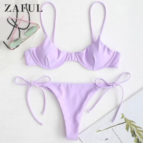 ZAFUL Tie Underwire Balconette Bikini Set Spaghetti Straps Women Solid Swimwears Low Waisted Sexy Swimsuit Bathing Suit 2020