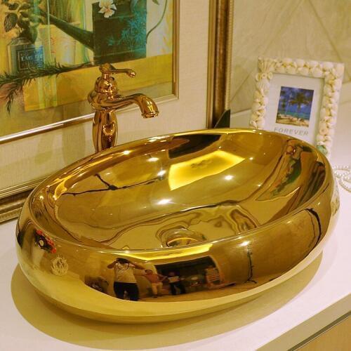 Golden Oval Artistic Handmade Art wash basin Ceramic Counter Top Wash Basin Bathroom Sink wash basin gold glazed oval