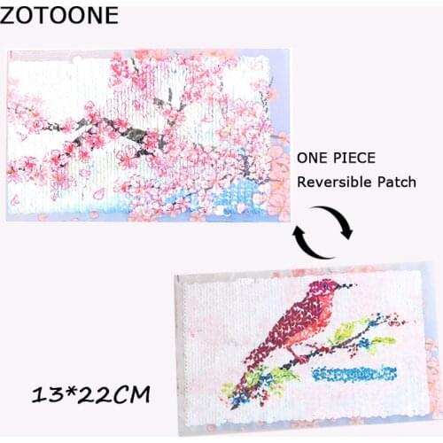 ZOTOONE Beautiful Sakura Bird Sequin Patch Reversible Change Color Sequins Sew on Patches for Clothes DIY Applique Bag Clothing