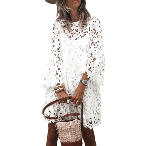 1 Set Women Sling Dress Cover-Up Set Lace Flare Sleeve Women See Through Patchwork Dress White Female Wedding Party Vestidos