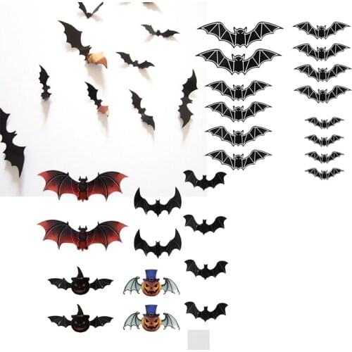 12/24Pcs DIY Halloween Party Supplies PVC 3D Luminous Scary Bats Decorative Wall Decal Sticker for Halloween Home Bar Decoration