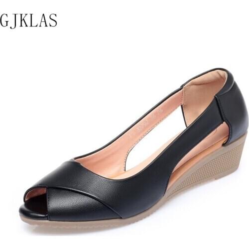 Peep Toe Wedge Sandals Women Summer Sexy Leather Shoes Women Fashion Slip on Sandals for Women Pumps Female Party Shoes Woman