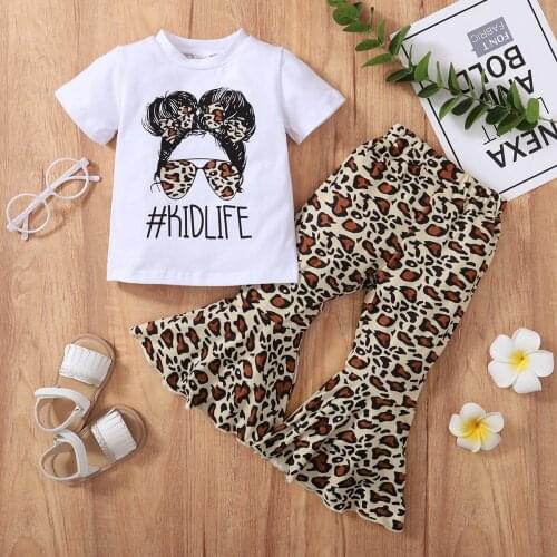 Children Baby Girls Summer Casual Clothes Set Letter Print Short Sleeve T-shirt + Leopard Print Flared Trousers Pants 2-6 Years