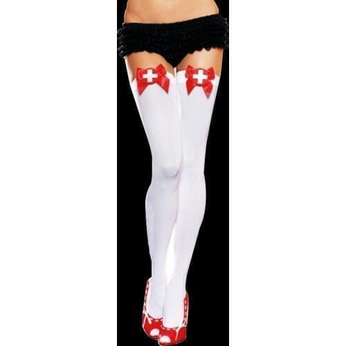 Sexy White Nurse Maid Fantasy Opaque Role Play Thigh-High Stockings with Red Bow Top Erotic Game Lingerie Cosplay Costume