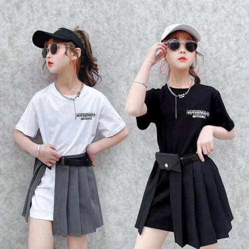 New Summer Kids Girls Clothes 2021 Fashion Short Sleeven Tops T Shirt + Pleated Skirt 6 7 8 9 10 11 12 Yrs Children Clothes Set