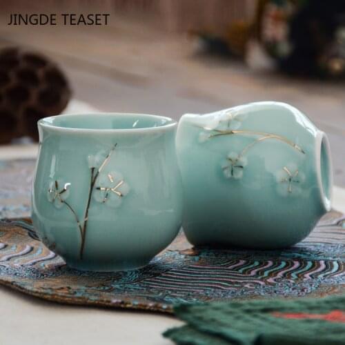 2 pcs/lot Boutique Ceramic Teacup Water cup with handle Chinese Handmade tea bowl Single cup Master Cups Home drinking Teaware