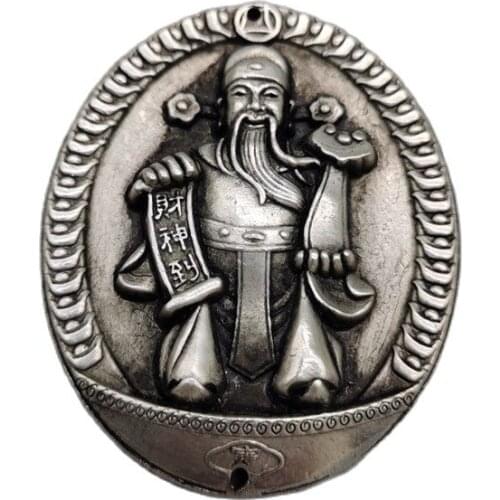 Chinese Old Tibetan Silver Relief God Of Wealth Amulet Pendant Feng Shui Lucky Pendant