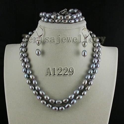 Wholesale gary color AA 7-8MM 2row Fresh Water Pearl Necklace bracelet earring beautiful pearl fashion womens jewelry set A1229