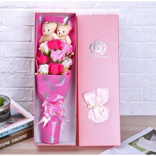 Colorful soap flower plush bouquet toy Valentines Day birthday Gifts toy bear cat cartoon animals