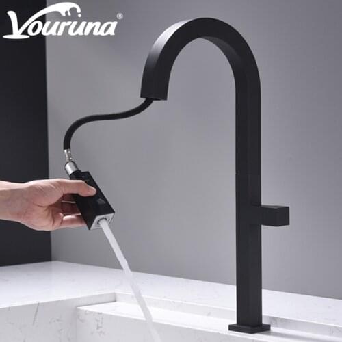 Vouruna Square Style Matte Black Kitchen Faucet Pull Out Kitchen Sink Mixer Tap Solid Brass