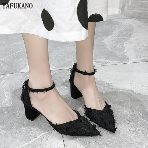 6 cm Fashion Tassel Square Heel High Heels 2020 New Summer Shoes Pointed Toe Middle Hollow Womens Sandals Black Work Pumps