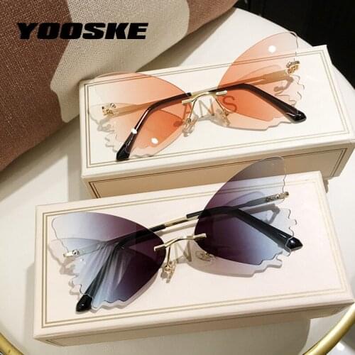 YOOSKE Fashionable Rimless Sunglasses Women Butterfly Shape Sun Glasses Female Colorful Ocean Lens Frameless Eyewear UV400