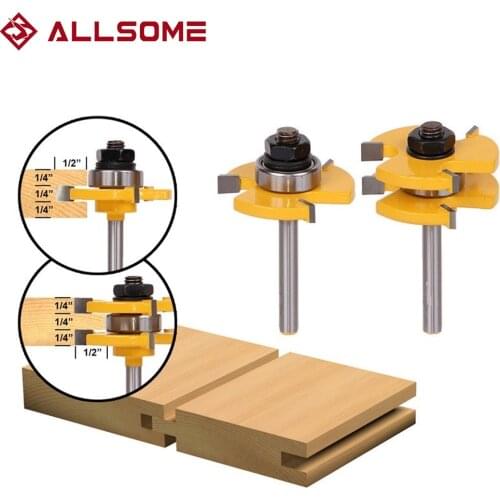 ALLSOME 2PC Tongue & Groove Router Bit Set 3/4" Stock 1/4" Shank 3 Teeth T-shape Wood Milling Cutter Flooring Wood Working Tools