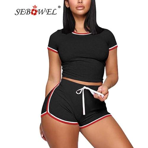 SEBOWEL Casual Female Stitching Sports Suit Summer Woman Sets Cropped Tops + Drawstring Shorts Two Piece Tracksuit Outfits S-XXL